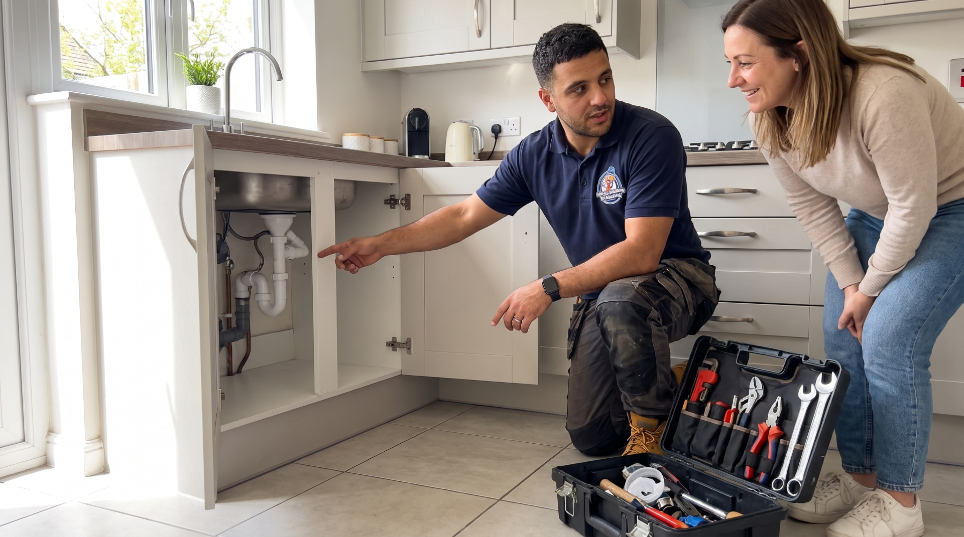 Mo explaining a plumbing issue under a kitchen sink to a Glasgow homeowner