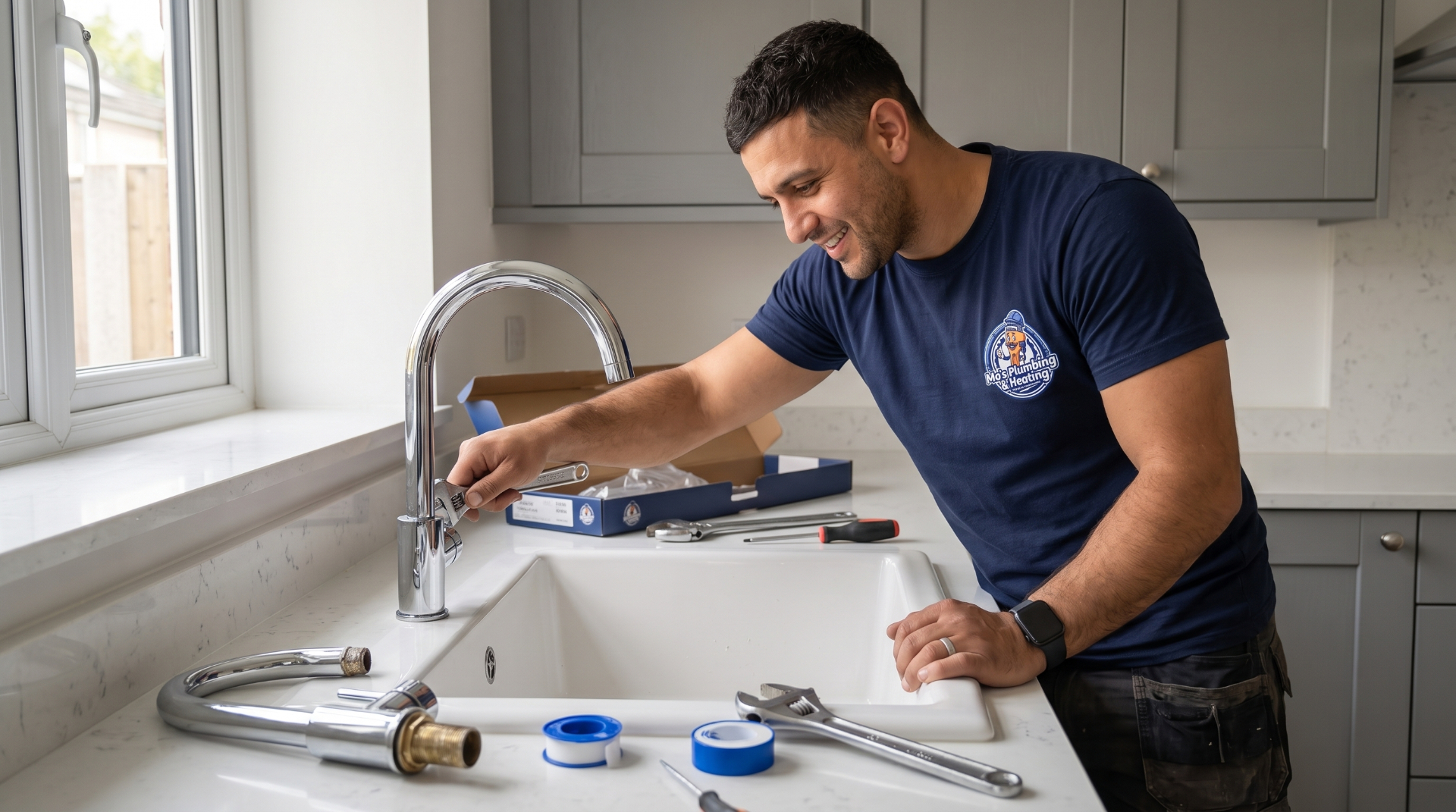 Mo replacing a kitchen tap in a Glasgow home