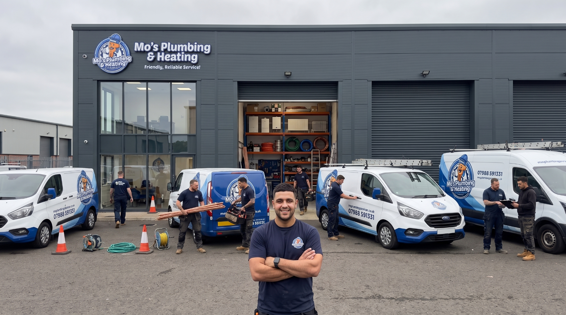 Mo and the team outside the Mo's Plumbing & Heating headquarters in Glasgow with the fleet of vans