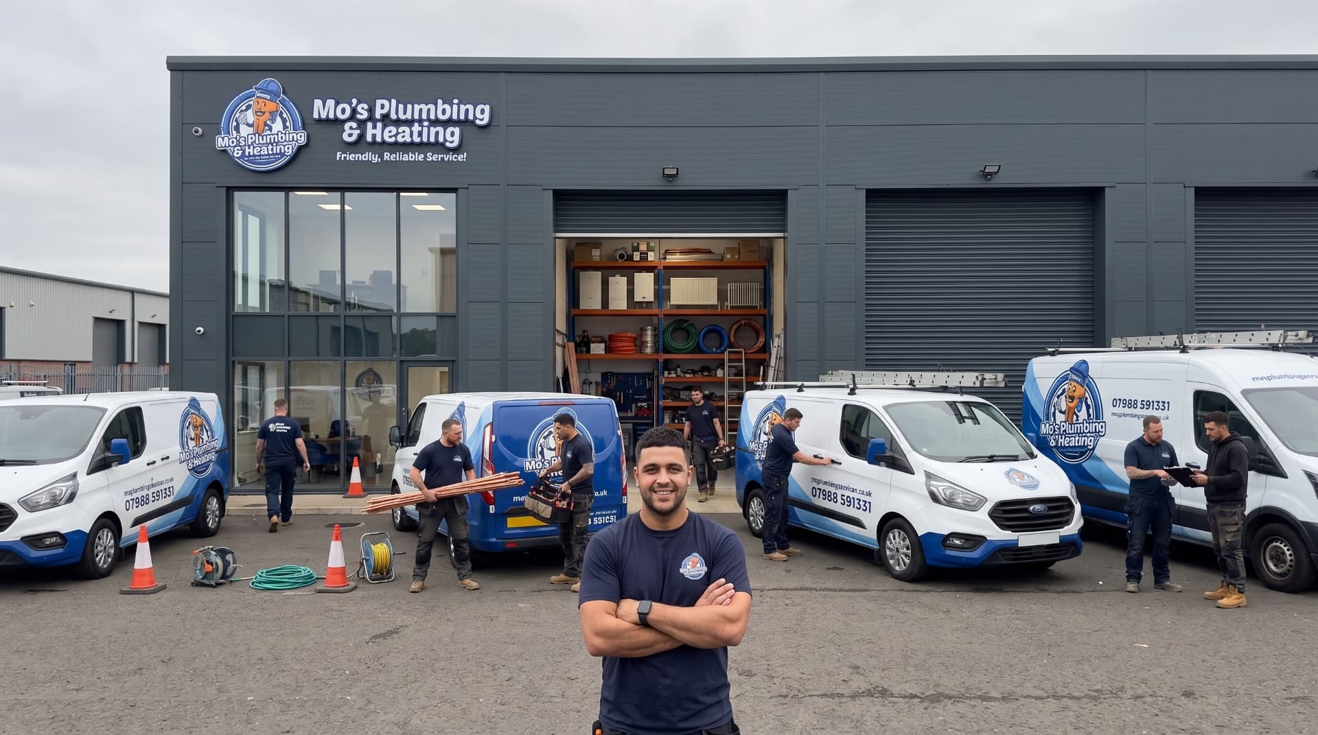 Mo's Plumbing and Heating team outside the Glasgow office